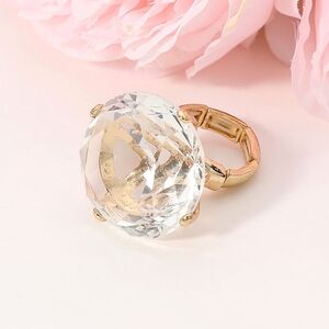 Gold Clear Diamond Cut Round Crystal Stretch Oversized Cocktail Ring Jewelry
